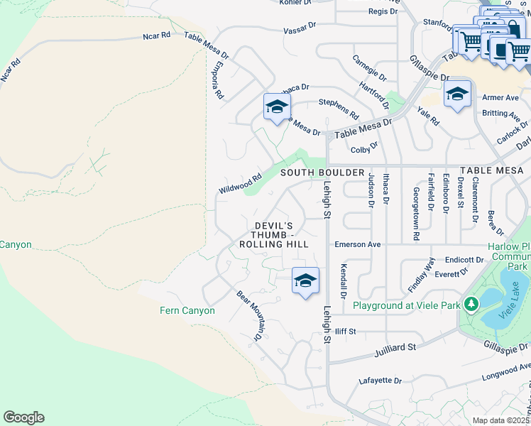 map of restaurants, bars, coffee shops, grocery stores, and more near 1385 Bear Mountain Drive in Boulder