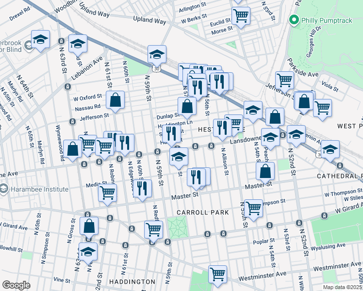 map of restaurants, bars, coffee shops, grocery stores, and more near 5725 Lansdowne Avenue in Philadelphia
