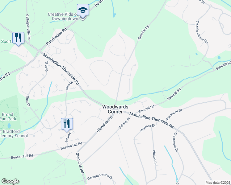 map of restaurants, bars, coffee shops, grocery stores, and more near 1235 Glenside Road in Chester County