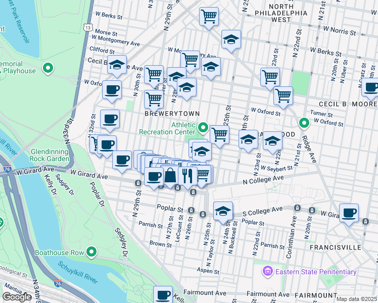 map of restaurants, bars, coffee shops, grocery stores, and more near 1330 North Taney Street in Philadelphia
