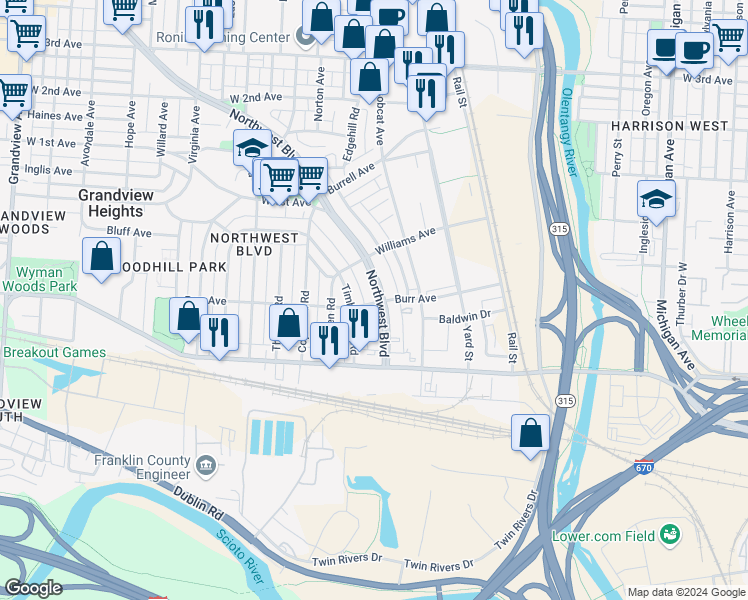 map of restaurants, bars, coffee shops, grocery stores, and more near 964 Burr Avenue in Grandview Heights
