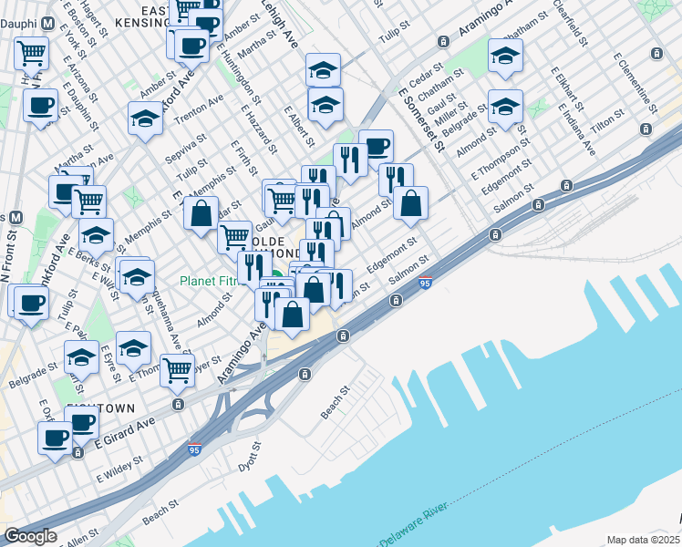 map of restaurants, bars, coffee shops, grocery stores, and more near 2538 Webb Street in Philadelphia