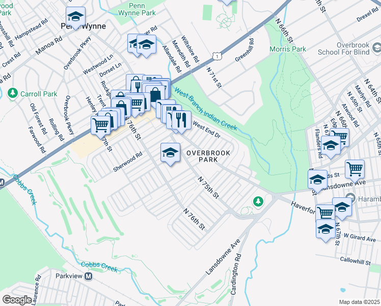 map of restaurants, bars, coffee shops, grocery stores, and more near 7419 Drexel Road in Philadelphia