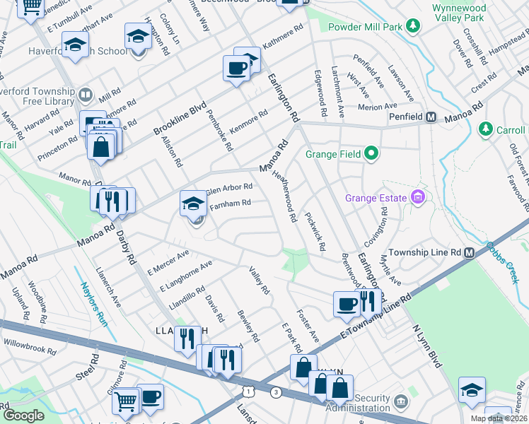 map of restaurants, bars, coffee shops, grocery stores, and more near 230 Pine Ridge Road in Havertown