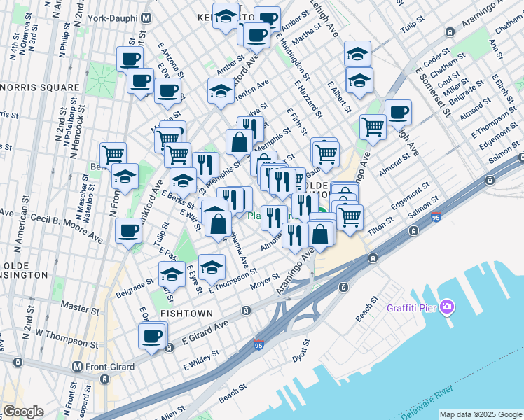 map of restaurants, bars, coffee shops, grocery stores, and more near 2503 East Dauphin Street in Philadelphia