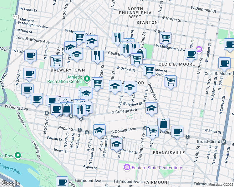 map of restaurants, bars, coffee shops, grocery stores, and more near 2313 Master Street in Philadelphia