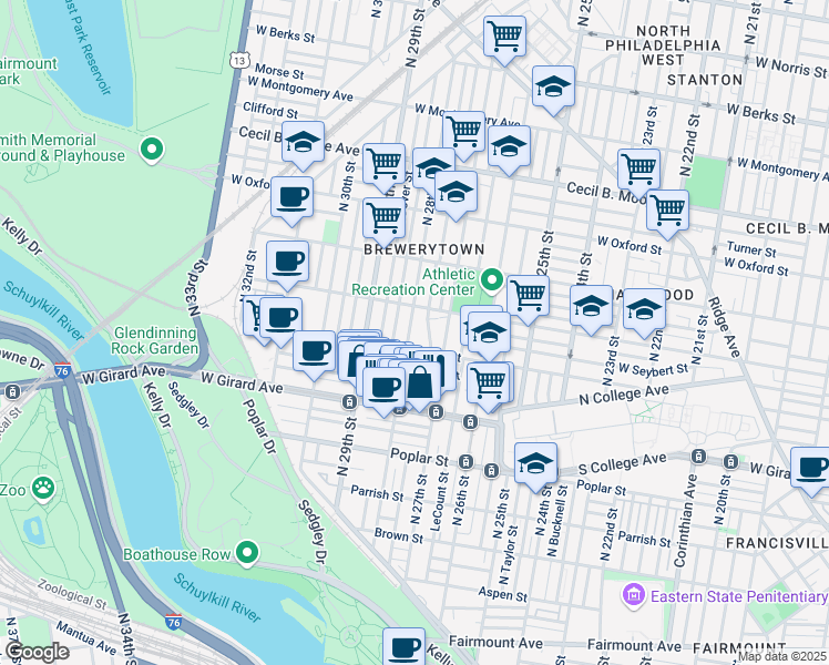map of restaurants, bars, coffee shops, grocery stores, and more near 1319 North 28th Street in Philadelphia