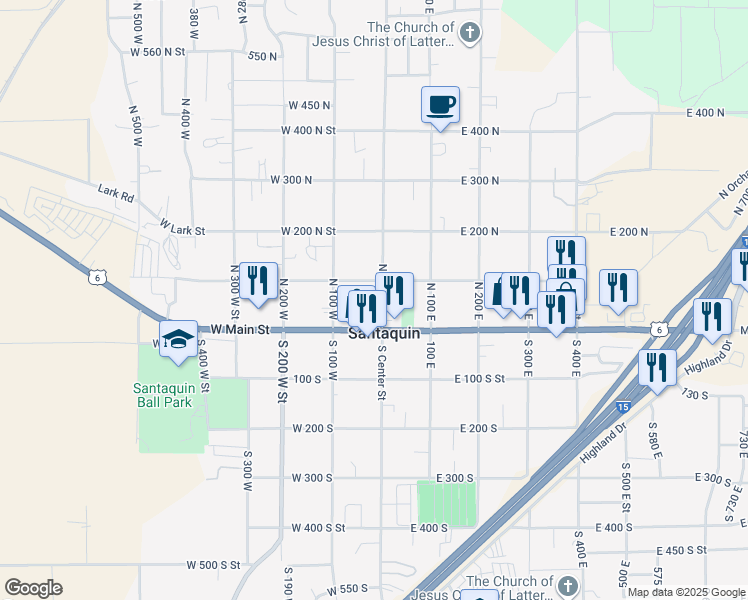 map of restaurants, bars, coffee shops, grocery stores, and more near 69 North Center Street in Santaquin