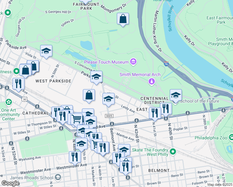 map of restaurants, bars, coffee shops, grocery stores, and more near 4246 Parkside Avenue in Philadelphia