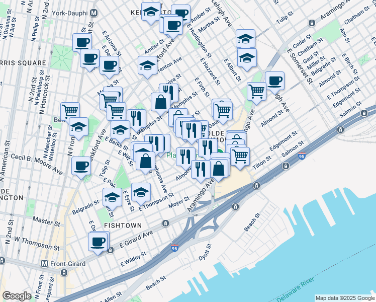 map of restaurants, bars, coffee shops, grocery stores, and more near 2337 Belgrade Street in Philadelphia