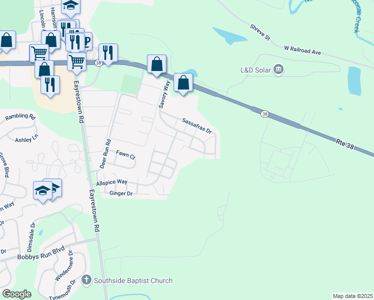 map of restaurants, bars, coffee shops, grocery stores, and more near 24 Peppermint Drive in Lumberton