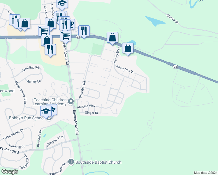 map of restaurants, bars, coffee shops, grocery stores, and more near 30 Coriander Drive in Lumberton