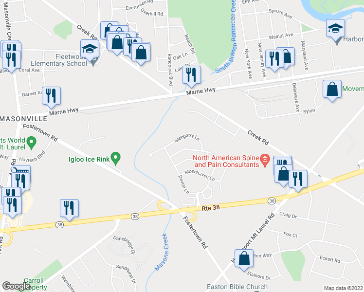 map of restaurants, bars, coffee shops, grocery stores, and more near 115 Merion Way in Hainesport