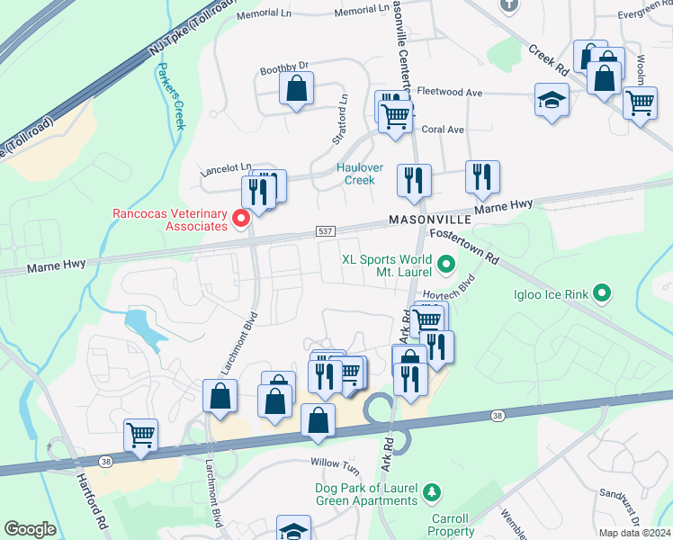 map of restaurants, bars, coffee shops, grocery stores, and more near 5102 Essex Lane in Mount Laurel
