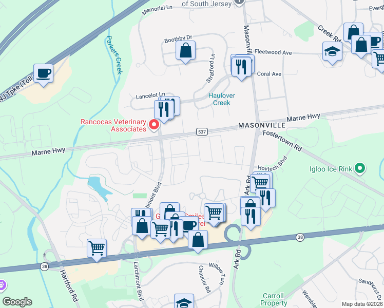 map of restaurants, bars, coffee shops, grocery stores, and more near 5904 Coventry Way in Mount Laurel Township