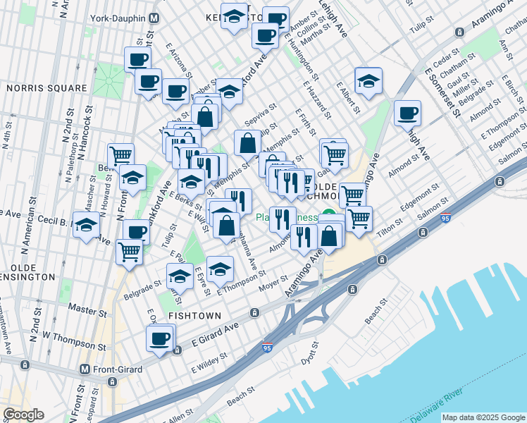 map of restaurants, bars, coffee shops, grocery stores, and more near 2437 East Dauphin Street in Philadelphia