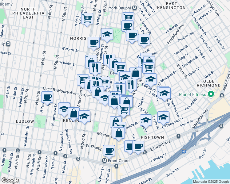 map of restaurants, bars, coffee shops, grocery stores, and more near 1739 North Howard Street in Philadelphia