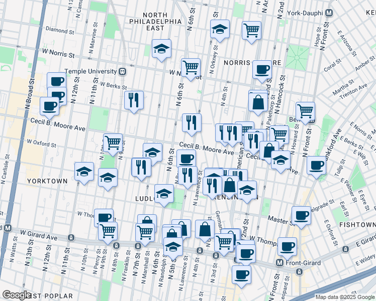 map of restaurants, bars, coffee shops, grocery stores, and more near 1620-50 North 5th Street in Philadelphia