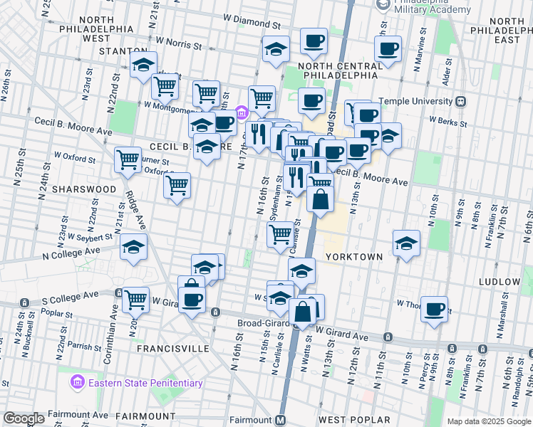 map of restaurants, bars, coffee shops, grocery stores, and more near 1501 Willington Street in Philadelphia