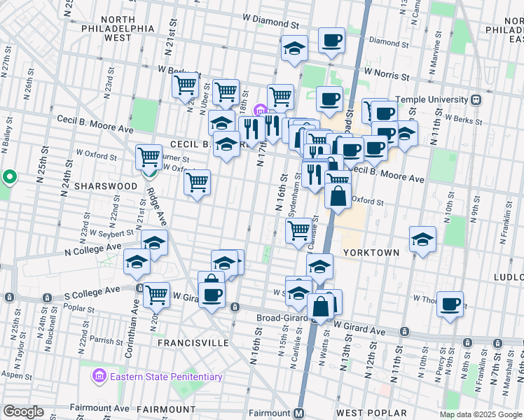 map of restaurants, bars, coffee shops, grocery stores, and more near 1501 Willington Street in Philadelphia