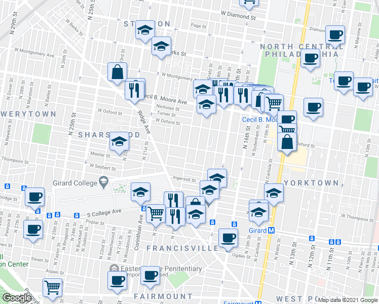map of restaurants, bars, coffee shops, grocery stores, and more near in Philadelphia