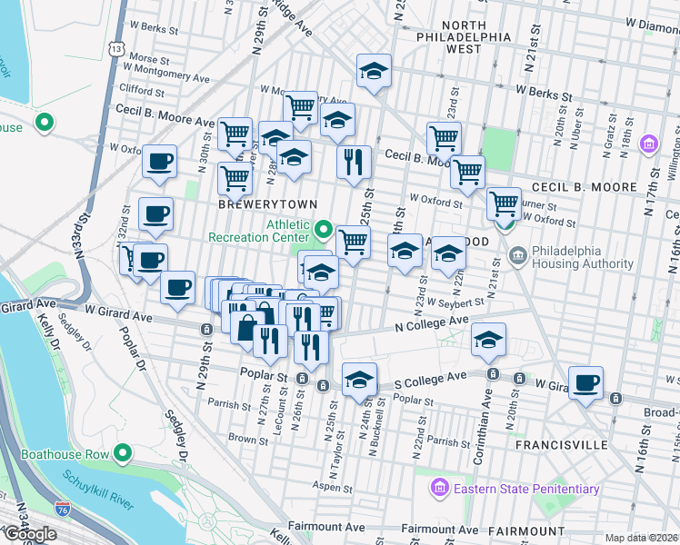 map of restaurants, bars, coffee shops, grocery stores, and more near 2509 Ingersoll Street in Philadelphia