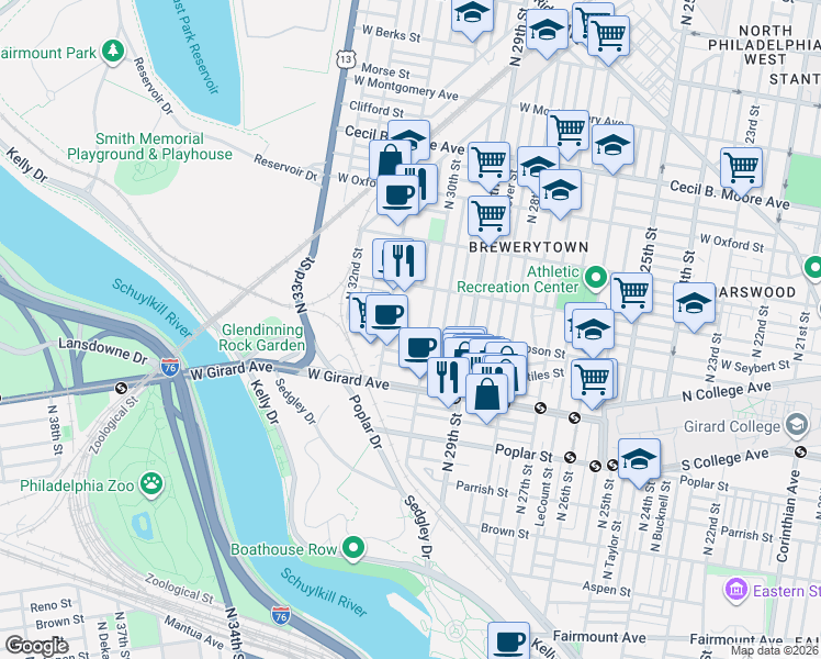 map of restaurants, bars, coffee shops, grocery stores, and more near in Philadelphia