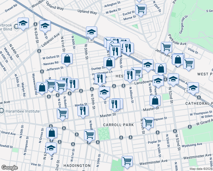 map of restaurants, bars, coffee shops, grocery stores, and more near 5801 Lansdowne Avenue in Philadelphia