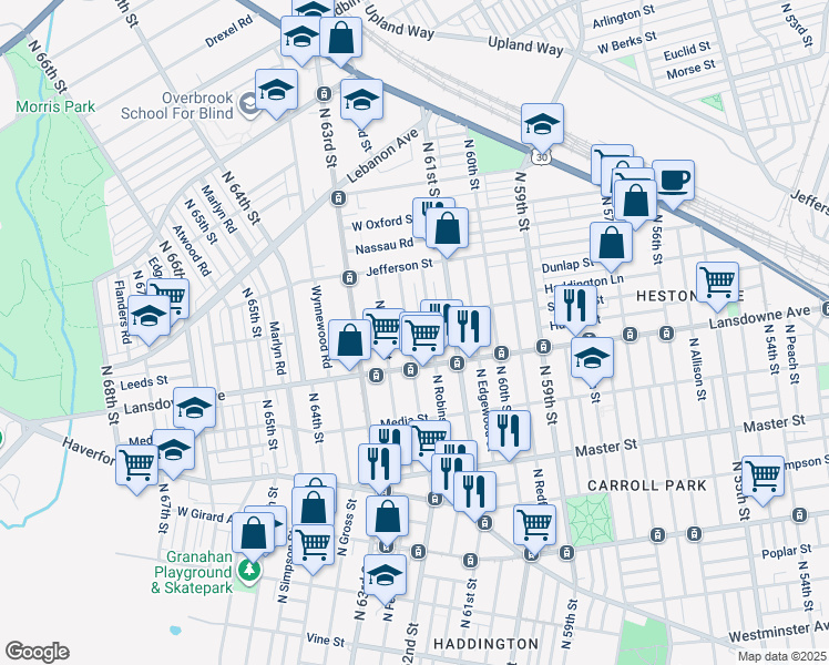 map of restaurants, bars, coffee shops, grocery stores, and more near 6117 Lansdowne Avenue in Philadelphia