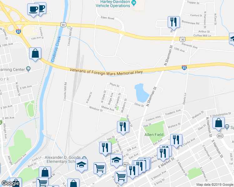 map of restaurants, bars, coffee shops, grocery stores, and more near 716 North Franklin Street in York