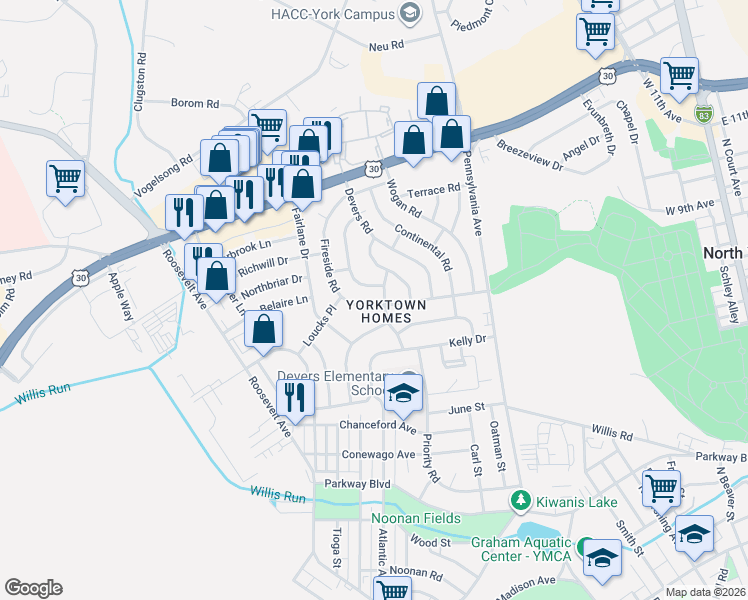 map of restaurants, bars, coffee shops, grocery stores, and more near 811 Fireside Road in York