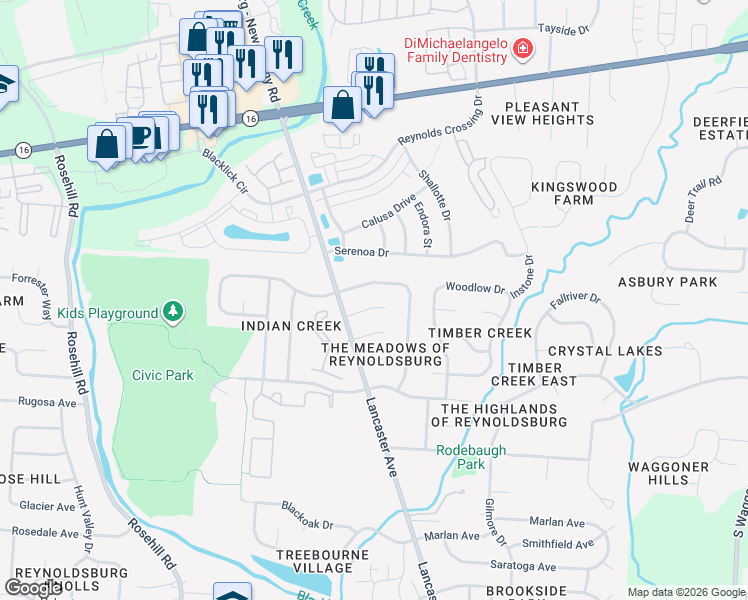 map of restaurants, bars, coffee shops, grocery stores, and more near 7176 Feather Court in Reynoldsburg