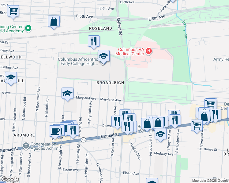 map of restaurants, bars, coffee shops, grocery stores, and more near 212 North Kellner Road in Columbus