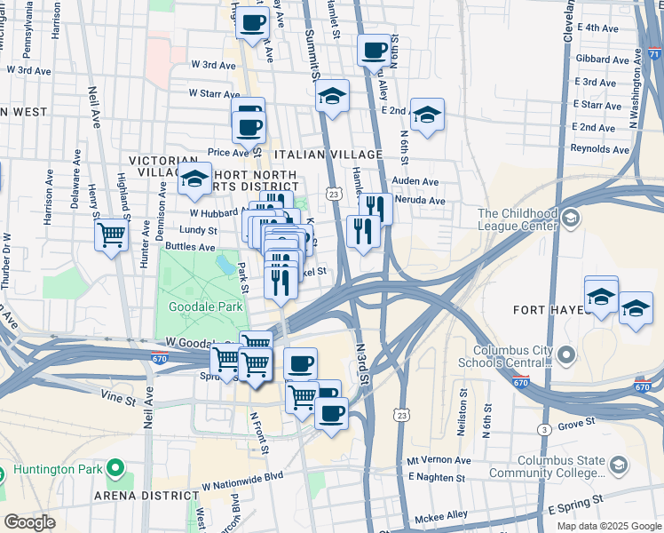 map of restaurants, bars, coffee shops, grocery stores, and more near 88 Brickel Street in Columbus