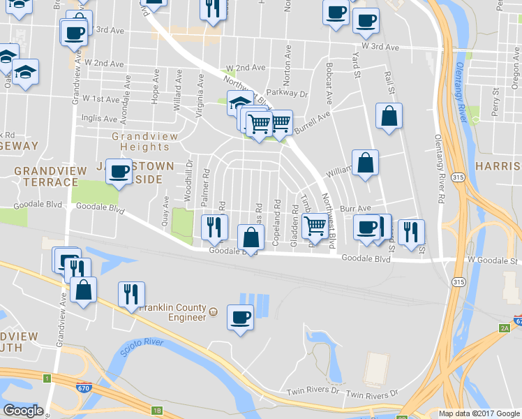 map of restaurants, bars, coffee shops, grocery stores, and more near 1121 Burr Avenue in Columbus