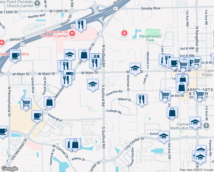 map of restaurants, bars, coffee shops, grocery stores, and more near 62 Druid Hill Court in Carmel