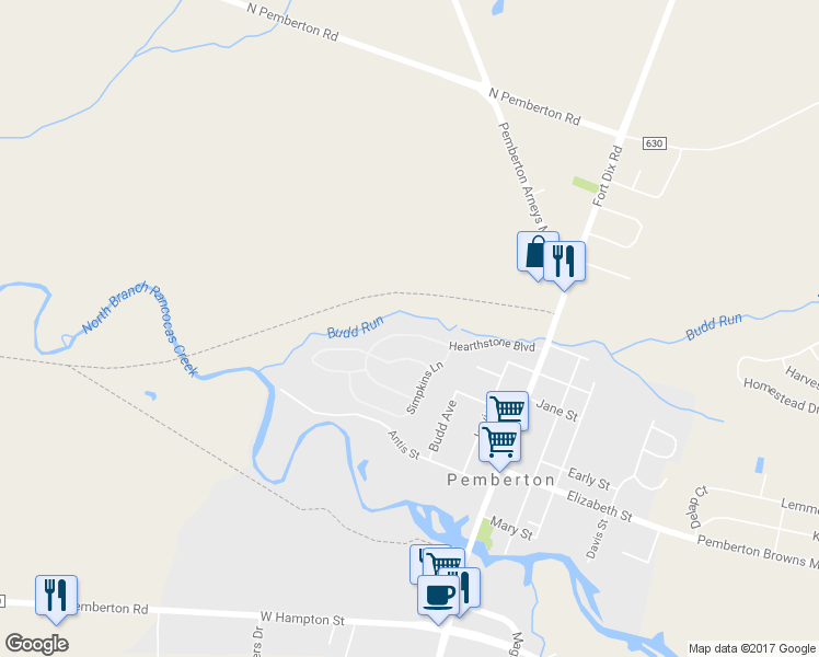 map of restaurants, bars, coffee shops, grocery stores, and more near 23 Hearthstone Boulevard in Pemberton