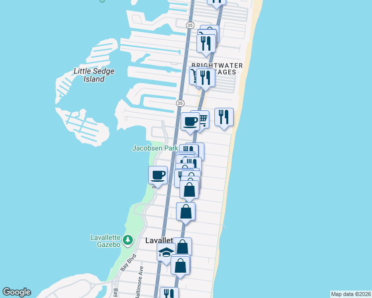 map of restaurants, bars, coffee shops, grocery stores, and more near 101 Kerr Avenue in Lavallette