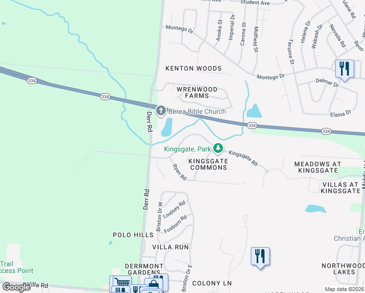 map of restaurants, bars, coffee shops, grocery stores, and more near 1129 Kingsgate Road in Springfield