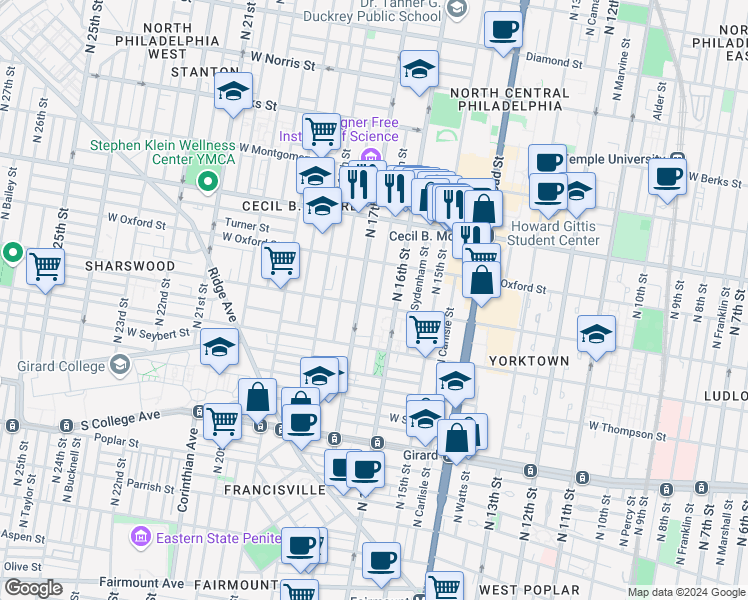 map of restaurants, bars, coffee shops, grocery stores, and more near 1504 Willington Street in Philadelphia