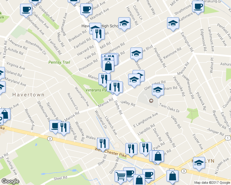 map of restaurants, bars, coffee shops, grocery stores, and more near 1011 Darby Road in Havertown