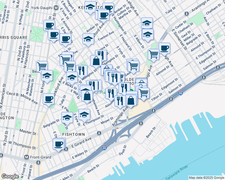 map of restaurants, bars, coffee shops, grocery stores, and more near 2337 Belgrade Street in Philadelphia
