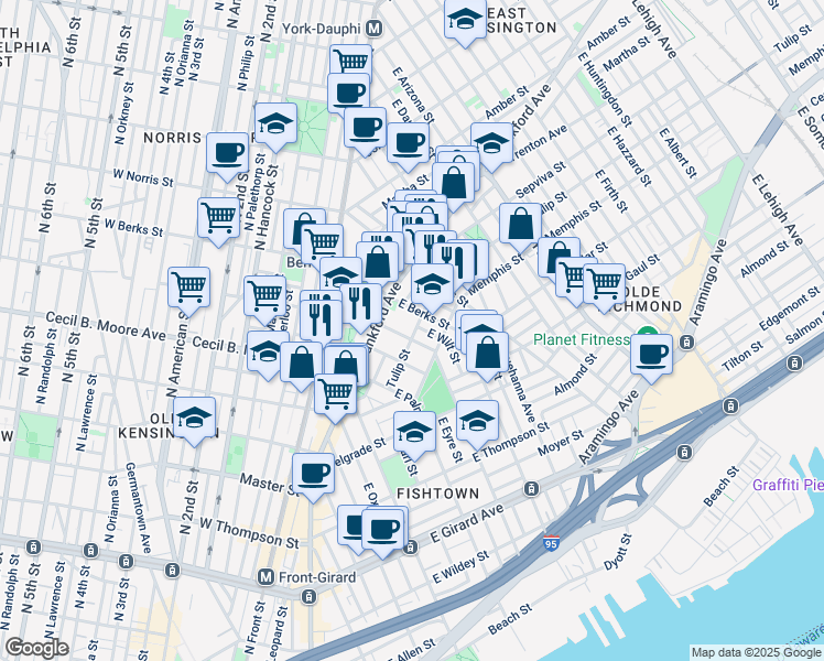 map of restaurants, bars, coffee shops, grocery stores, and more near 1806 Tulip Street in Philadelphia