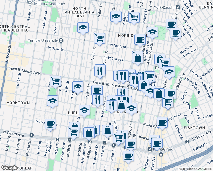 map of restaurants, bars, coffee shops, grocery stores, and more near 410 Cecil B. Moore Avenue in Philadelphia