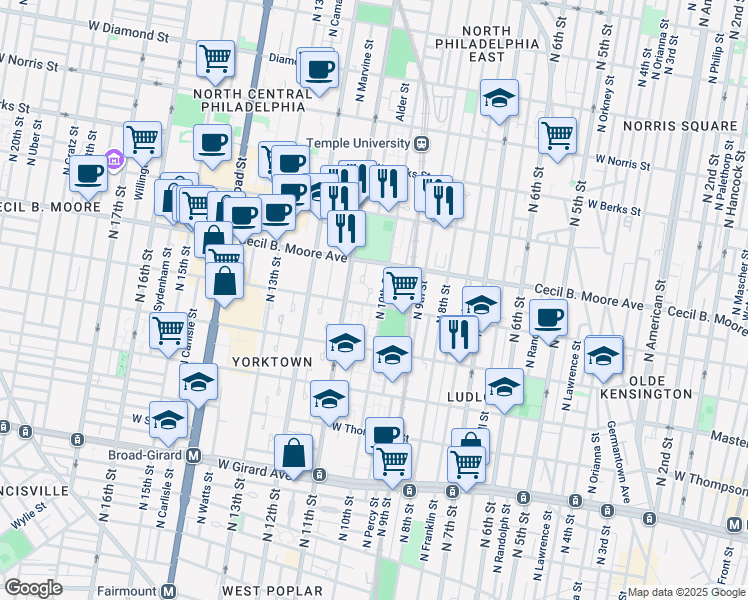 map of restaurants, bars, coffee shops, grocery stores, and more near 1009 West Oxford Street in Philadelphia