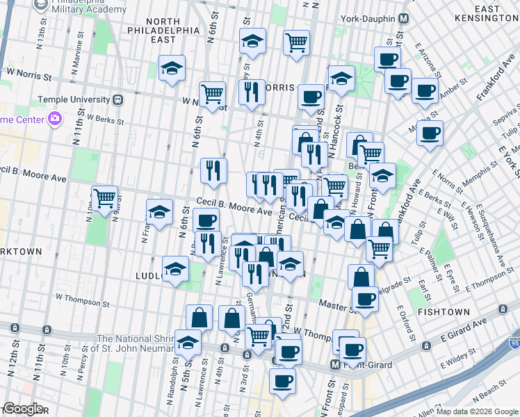 map of restaurants, bars, coffee shops, grocery stores, and more near 308 Cecil B. Moore Avenue in Philadelphia