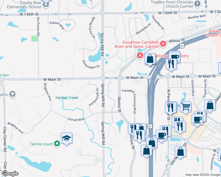 map of restaurants, bars, coffee shops, grocery stores, and more near 362 Terrents Court in Carmel