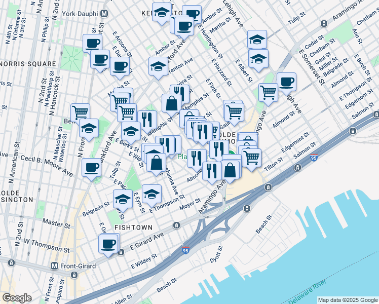 map of restaurants, bars, coffee shops, grocery stores, and more near 2505 East Dauphin Street in Philadelphia