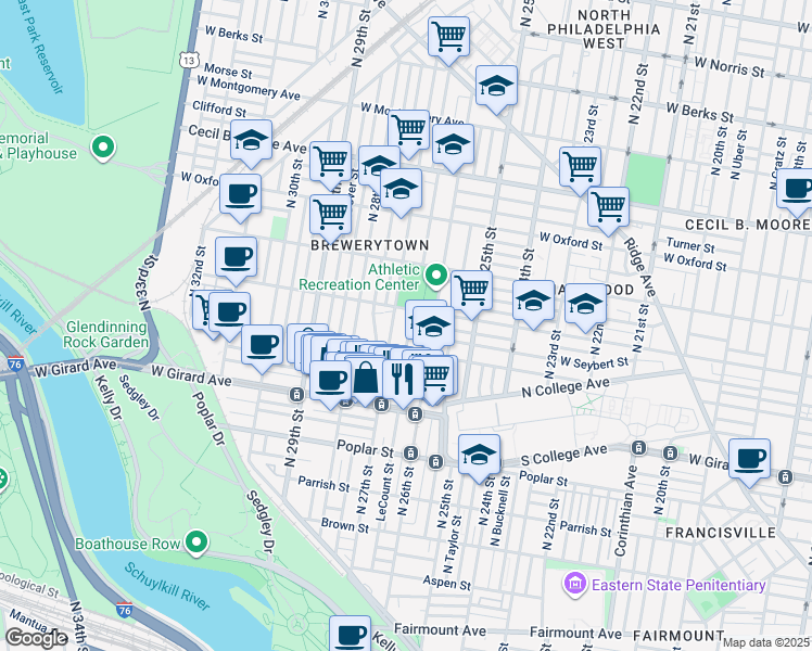 map of restaurants, bars, coffee shops, grocery stores, and more near 1332 North Taney Street in Philadelphia