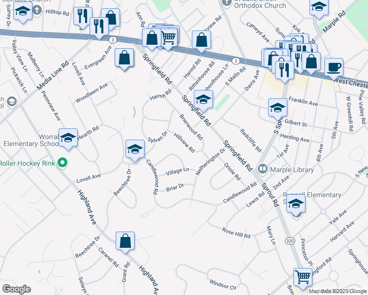 map of restaurants, bars, coffee shops, grocery stores, and more near 2730 Hillview Road in Broomall